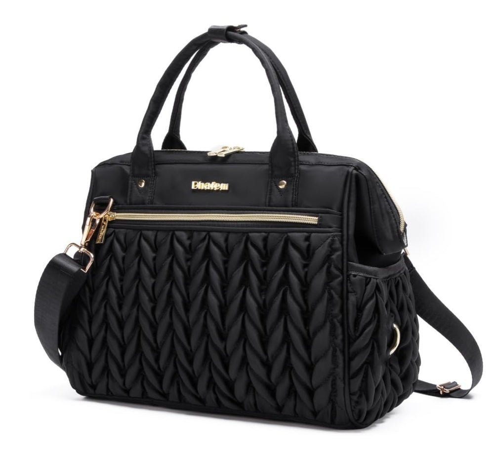 BHAFEM diaper bag small black front view shows organized pockets for essentials