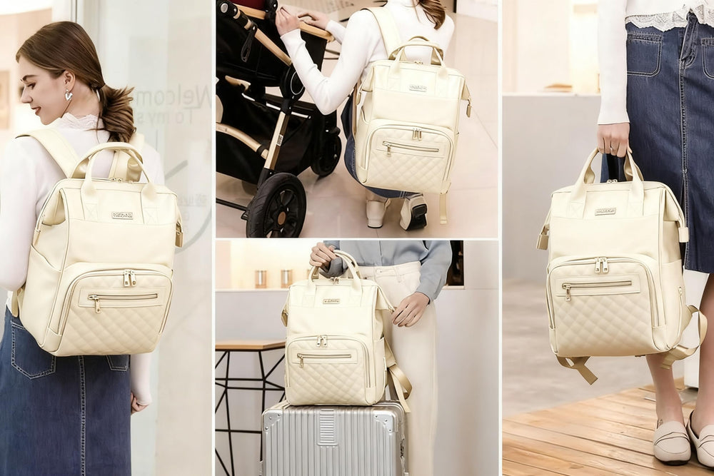 BHAFEM large-capacity beige diaper bag with multiple pockets