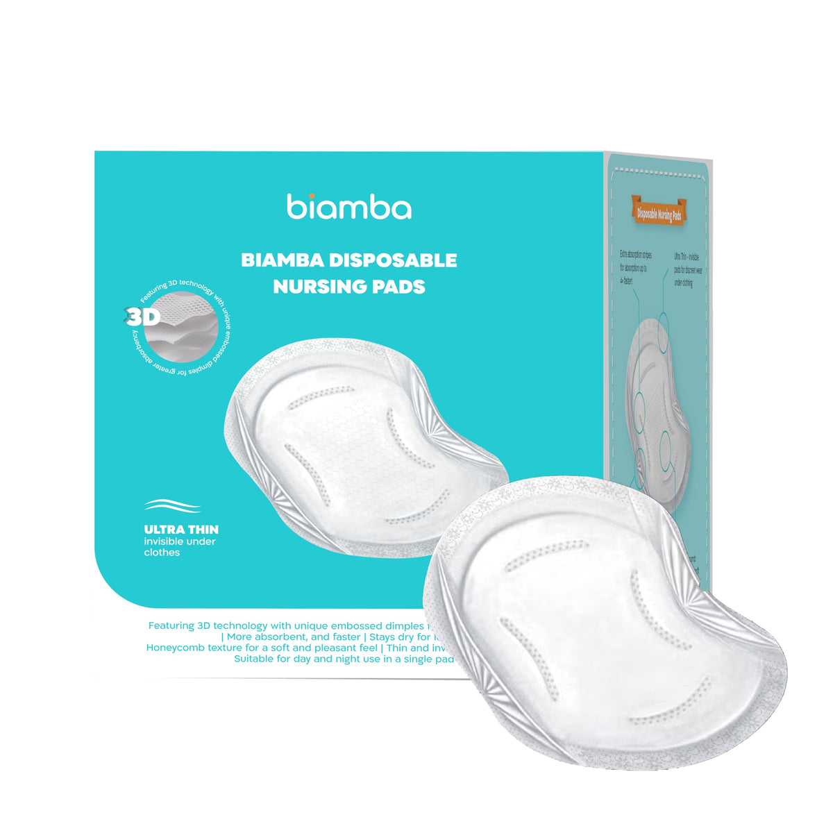 Biamba nursing pads with 3D absorption channels providing quick moisture lock for leaks