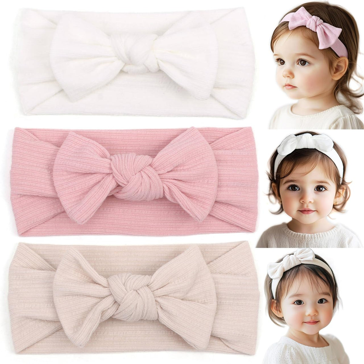BIANHUAN baby headbands set3 colors closeup showing soft nylon and dual-layer bows.