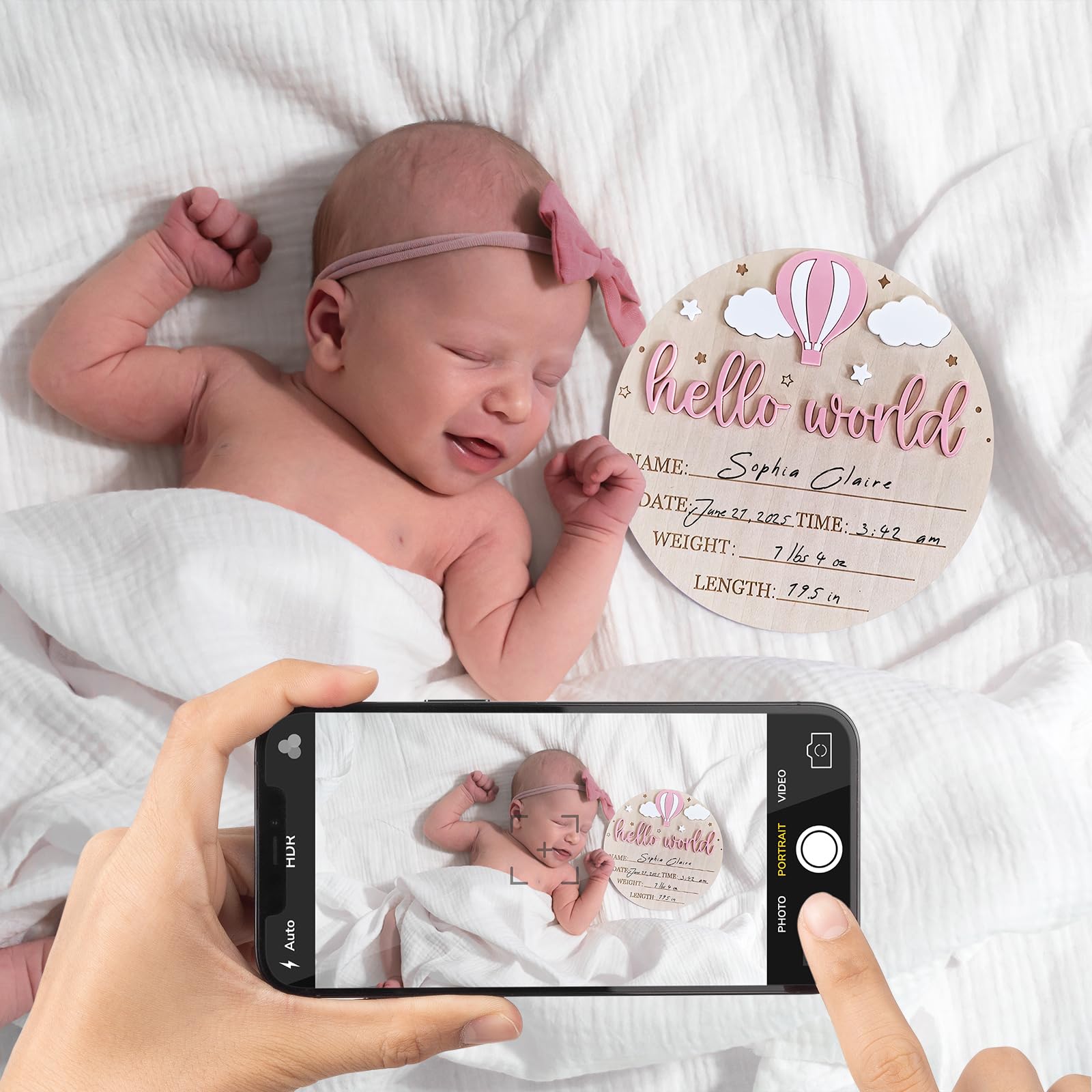 BIANSIWU Hello World newborn sign features balloons clouds and stars icons