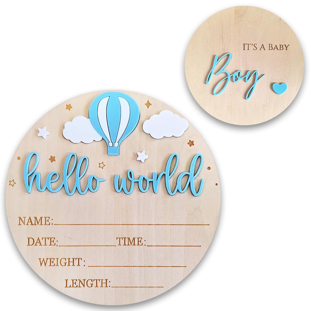 BIANSIWU Hello World sign front view shows engraved birth details for a keepsake