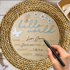Biansiwu Butterflies blue accents on the sign for a gentle birth announcement.
