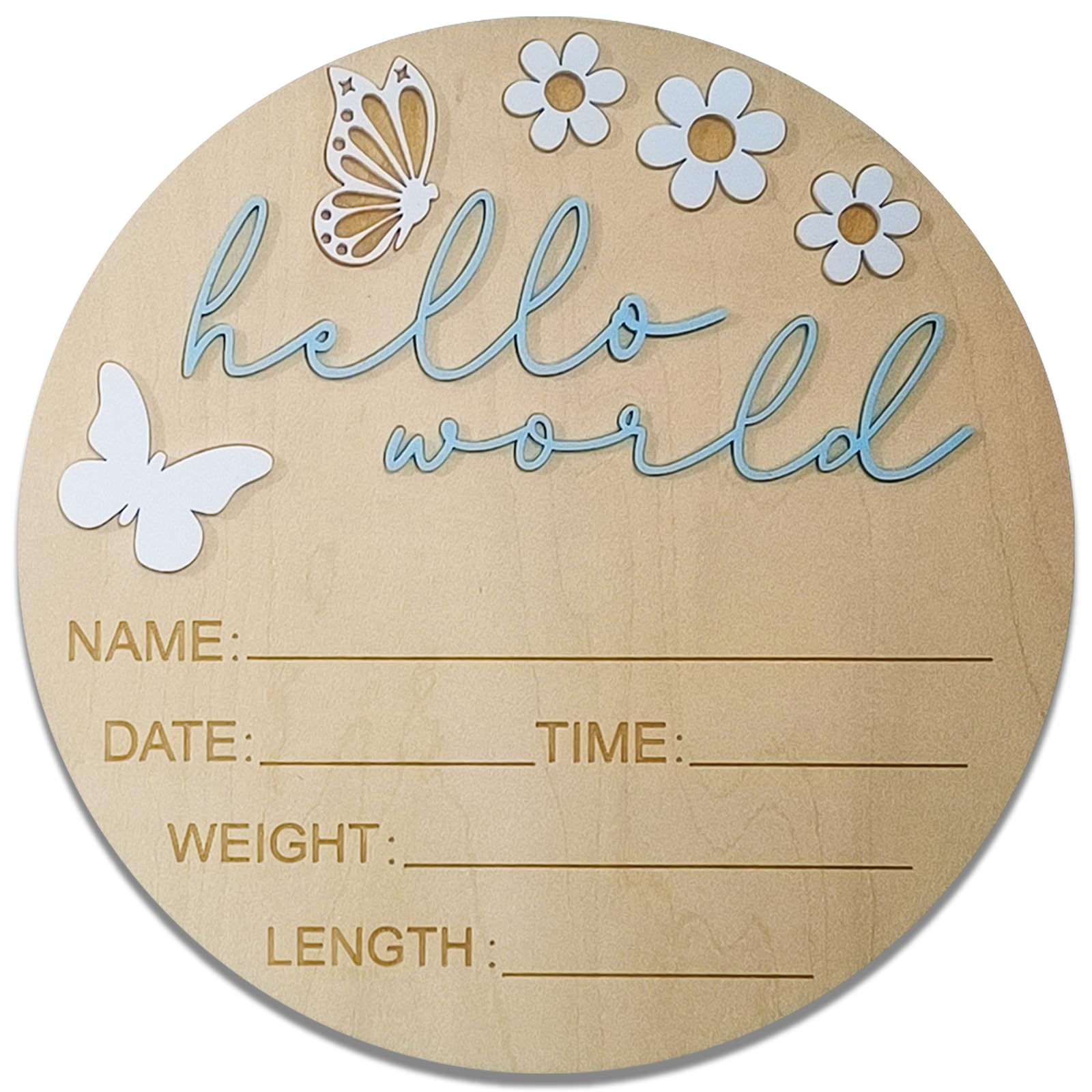 Biansiwu Hello World newborn sign round wooden display with 3D letters for nursery.