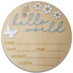 Biansiwu Hello World newborn sign round wooden display with 3D letters for nursery.