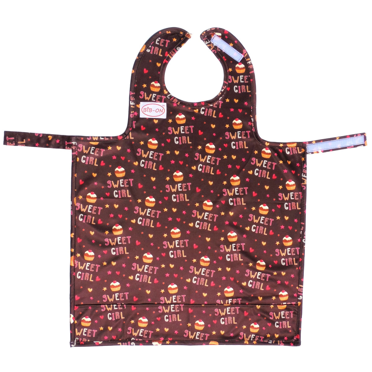 BIB-ON full-coverage bib cupcakes front view shows spill protection for ages 0-4.