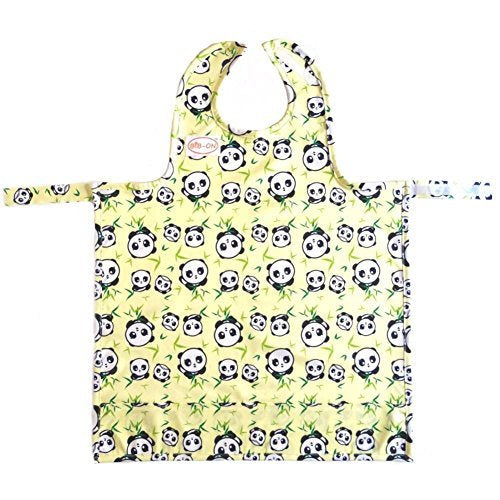 BIB-ON full-coverage bib with pandas design protects outfits during meals.