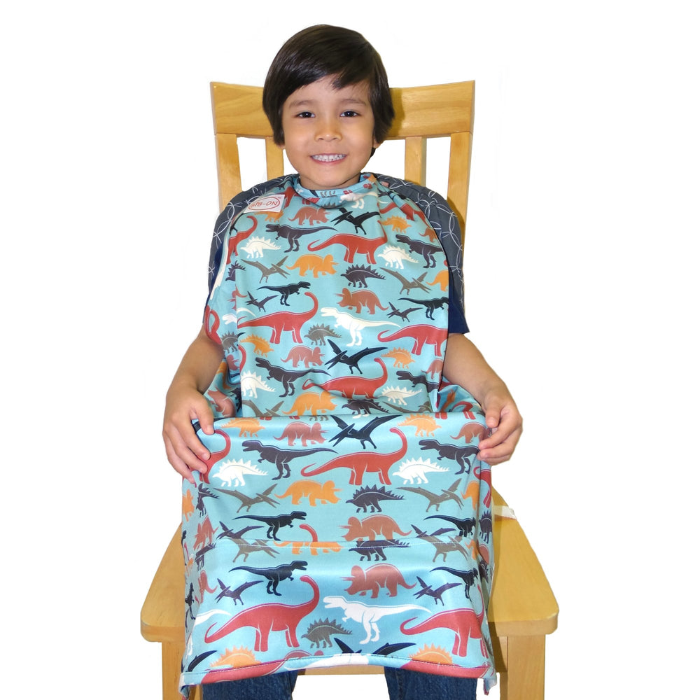 BIB-ON XL dinosaur bib shows soft, lightweight polyester fabric for comfortable meals.