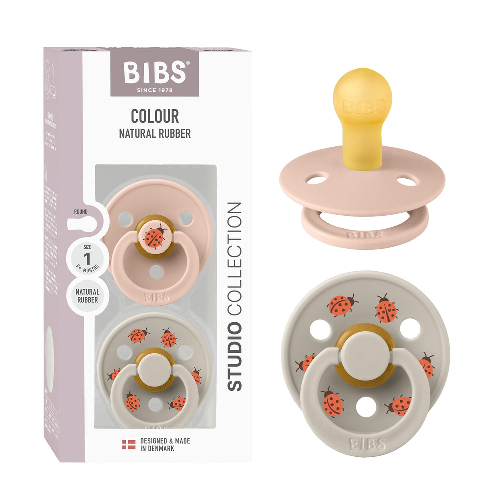BIBS Studio Soother 2-Pack blush-sand round nipple for gentle newborn soothing