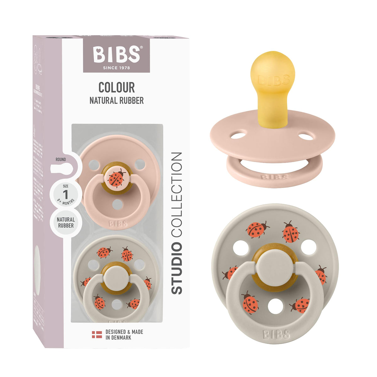 BIBS Studio Soother 2-Pack blush-sand round nipple for gentle newborn soothing