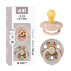 BIBS Studio Soother 2-Pack blush-sand round nipple for gentle newborn soothing