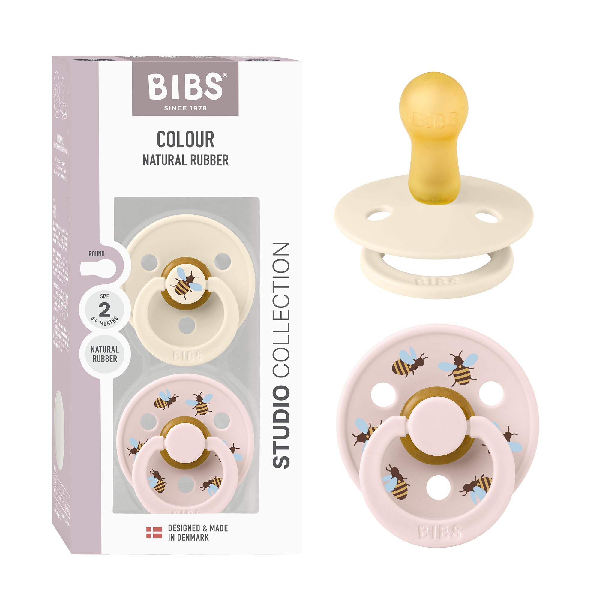 BIBS Studio 2-pack ivory-petal front view shows natural rubber nipple soothing comfort