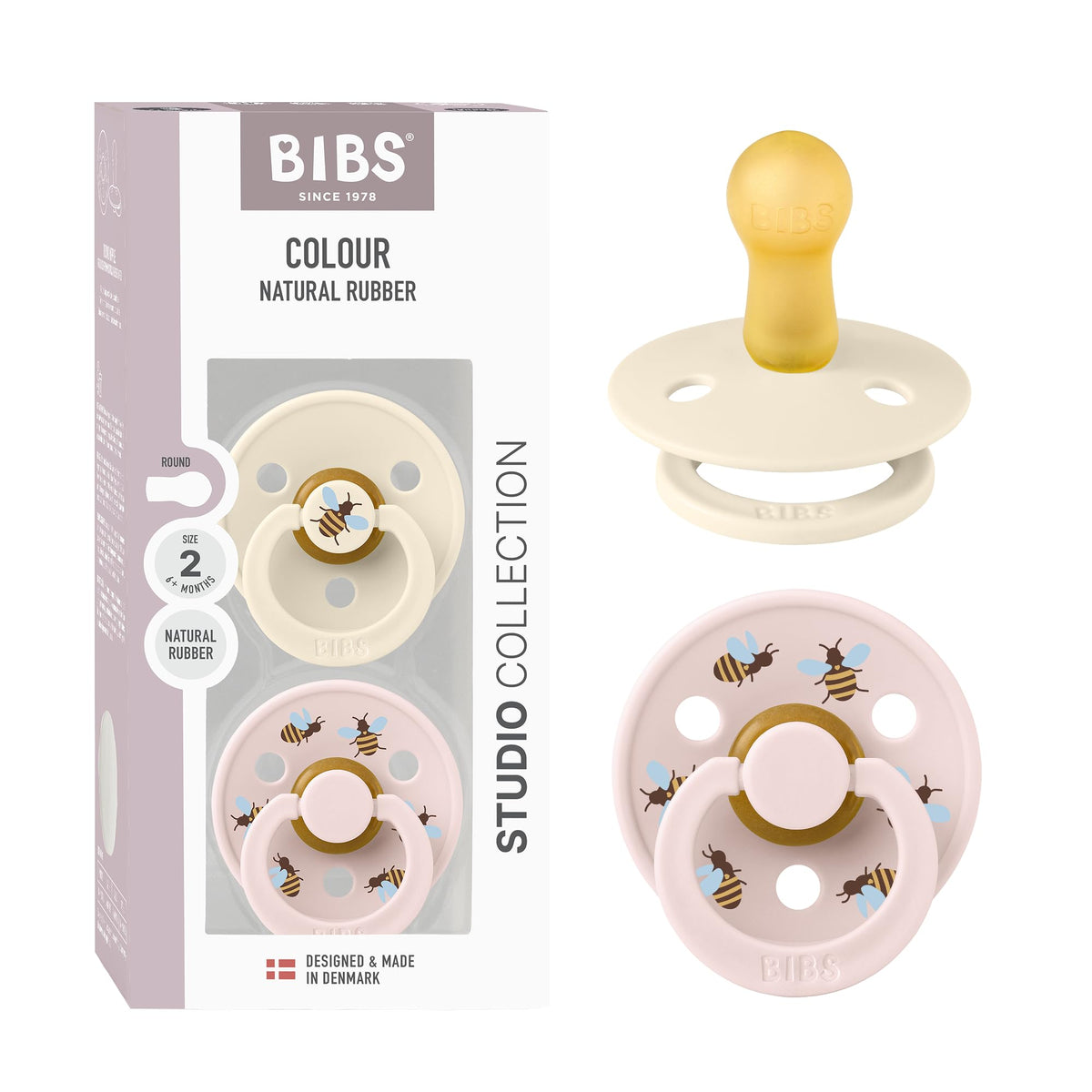 BIBS Studio 2-pack ivory-petal front view shows natural rubber nipple soothing comfort