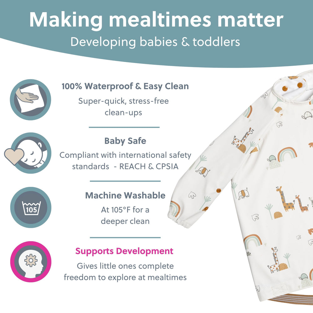 BIBaDO coverall bib with easy wipe-clean surface after meals.