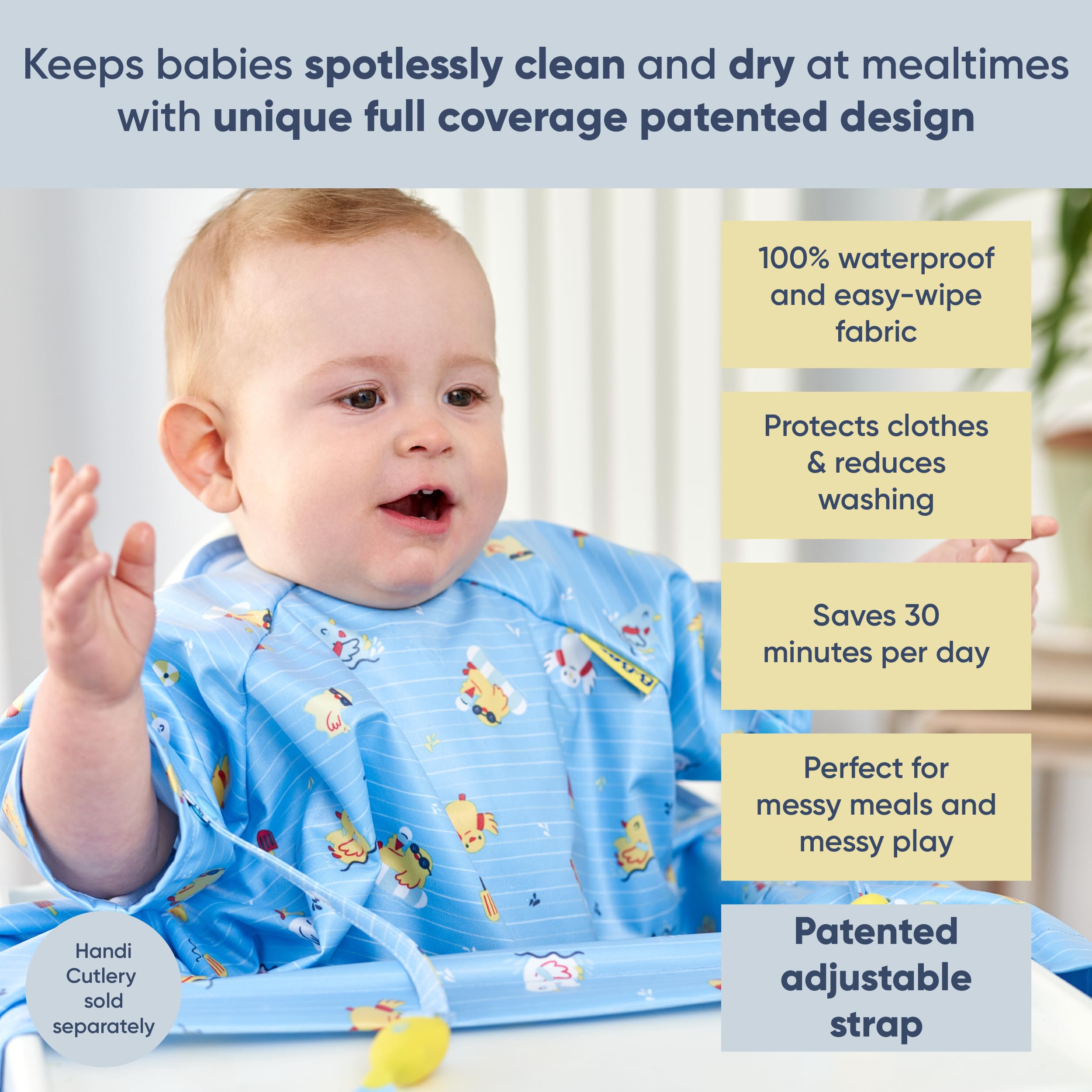 BIBaDO coverall bib on a highchair demonstrates full-meal mess containment.