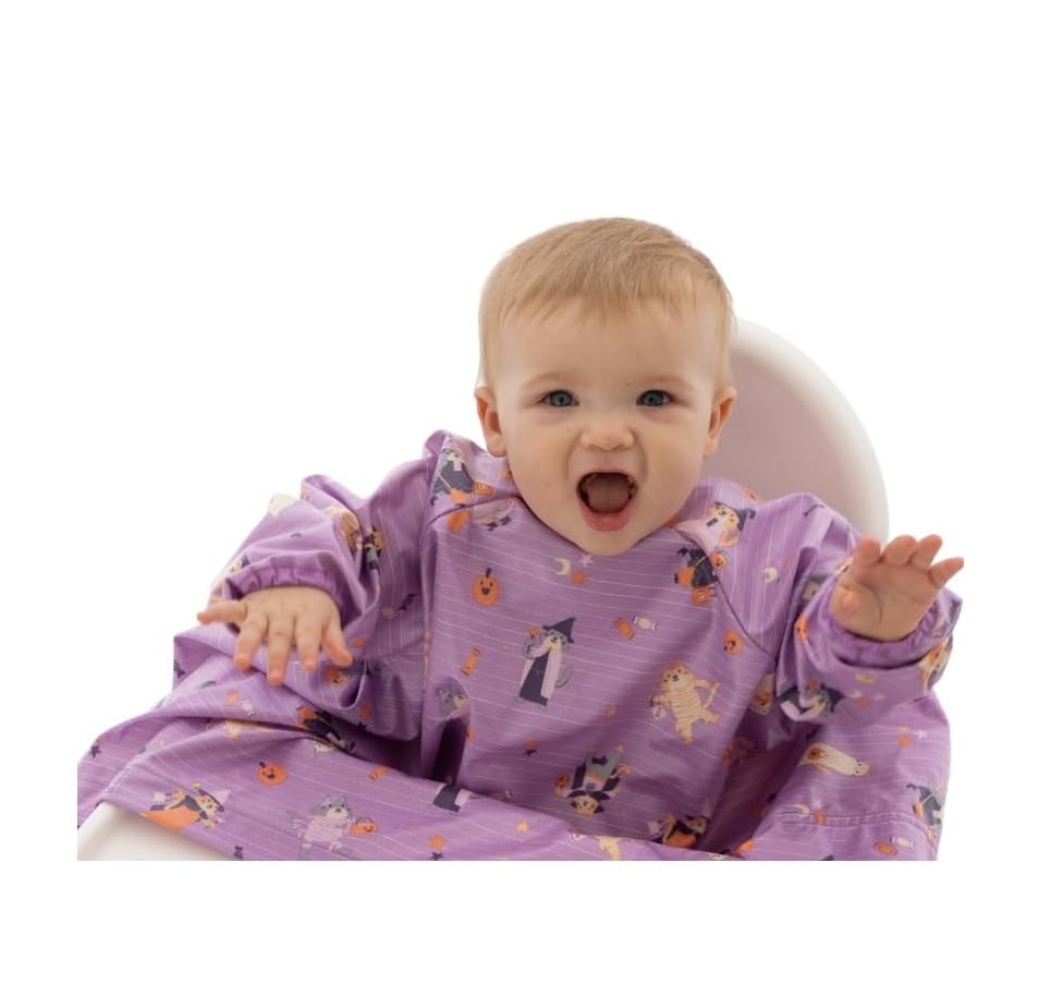BIBaDO coverall bib on highchair keeps mess contained during meals.
