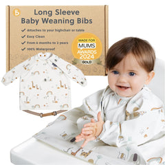 BIBaDO coverall bib on highchair keeps mess contained for stress-free meals.