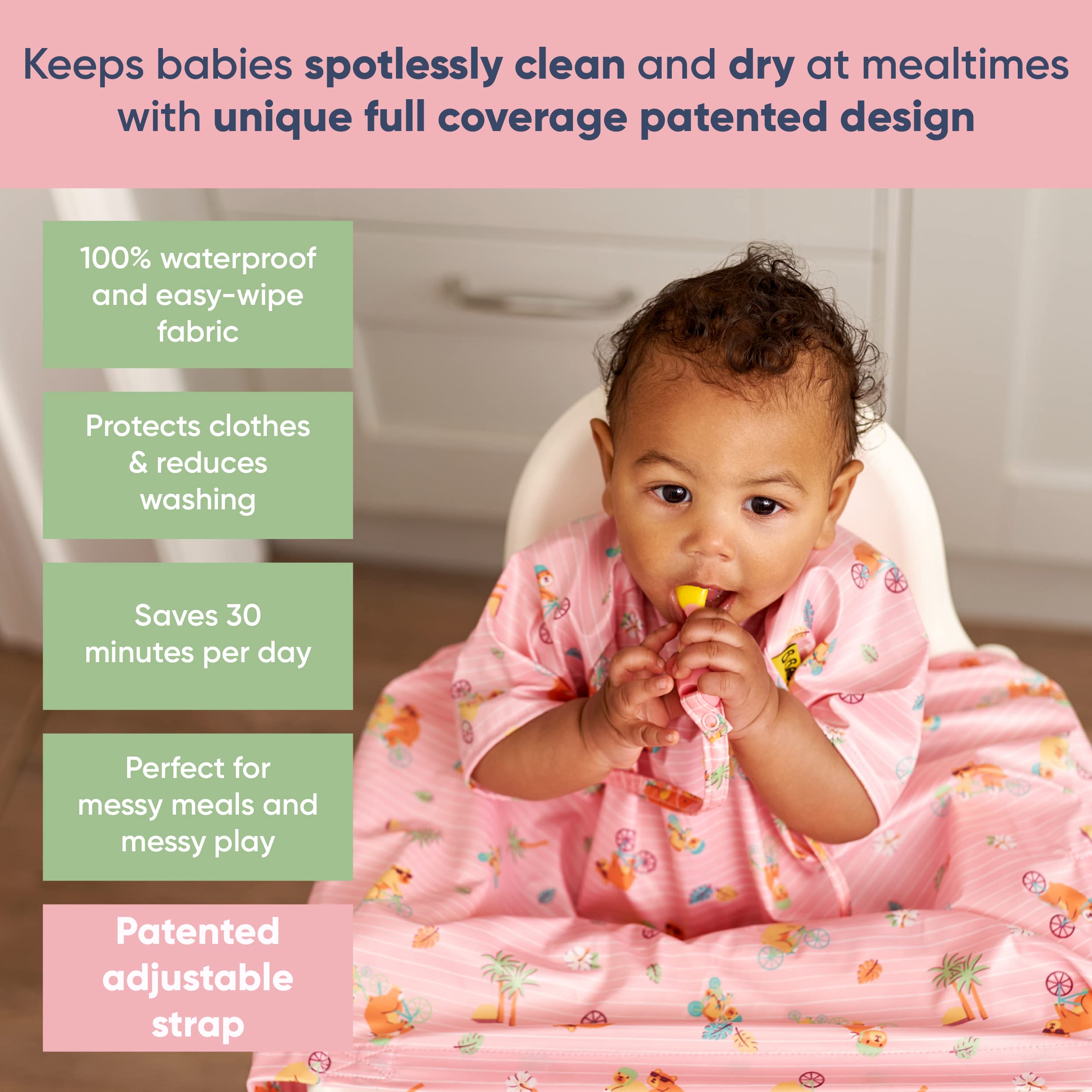 BIBaDO Coverall Bib wrapped around highchair demonstrating secure tray fit.