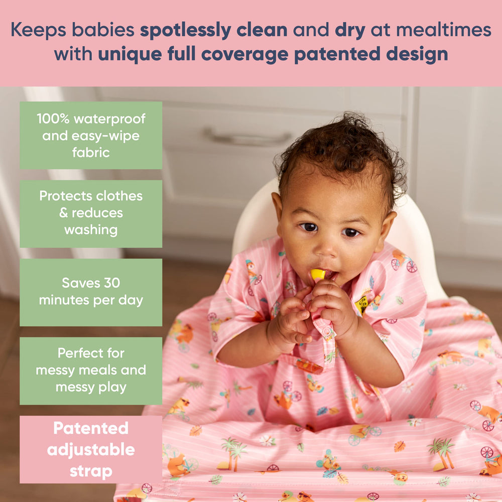 BIBaDO Coverall Bib wrapped around highchair demonstrating secure tray fit.