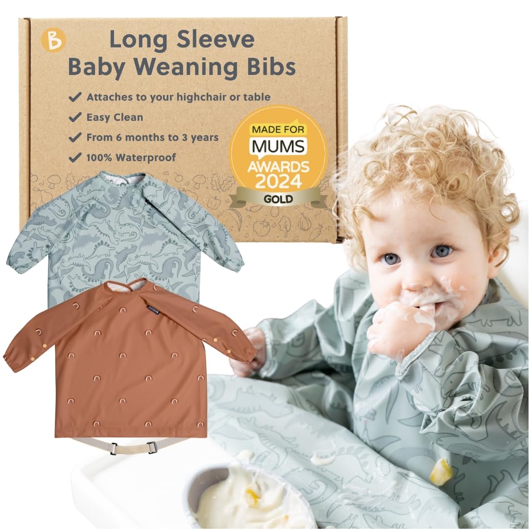 BIBaDO long sleeve bib on highchair for mess-free meals.