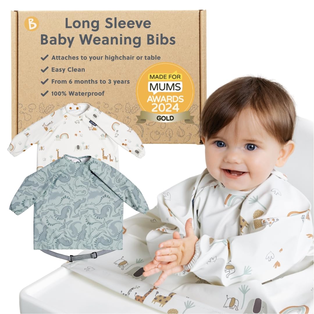 BIBaDO long sleeve bib on baby showing mess-free feeding with stay-dry sleeves.