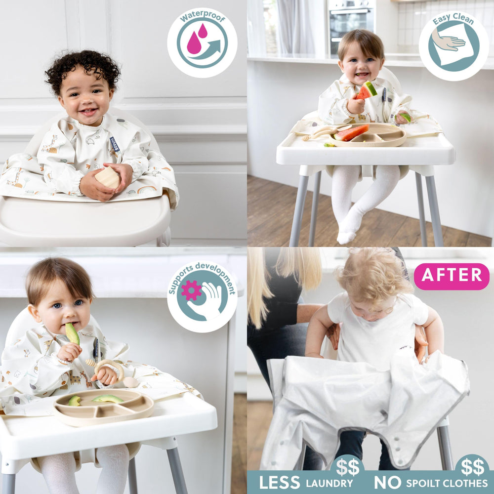 BIBaDO coverall bib used directly on a table for convenient feeding.