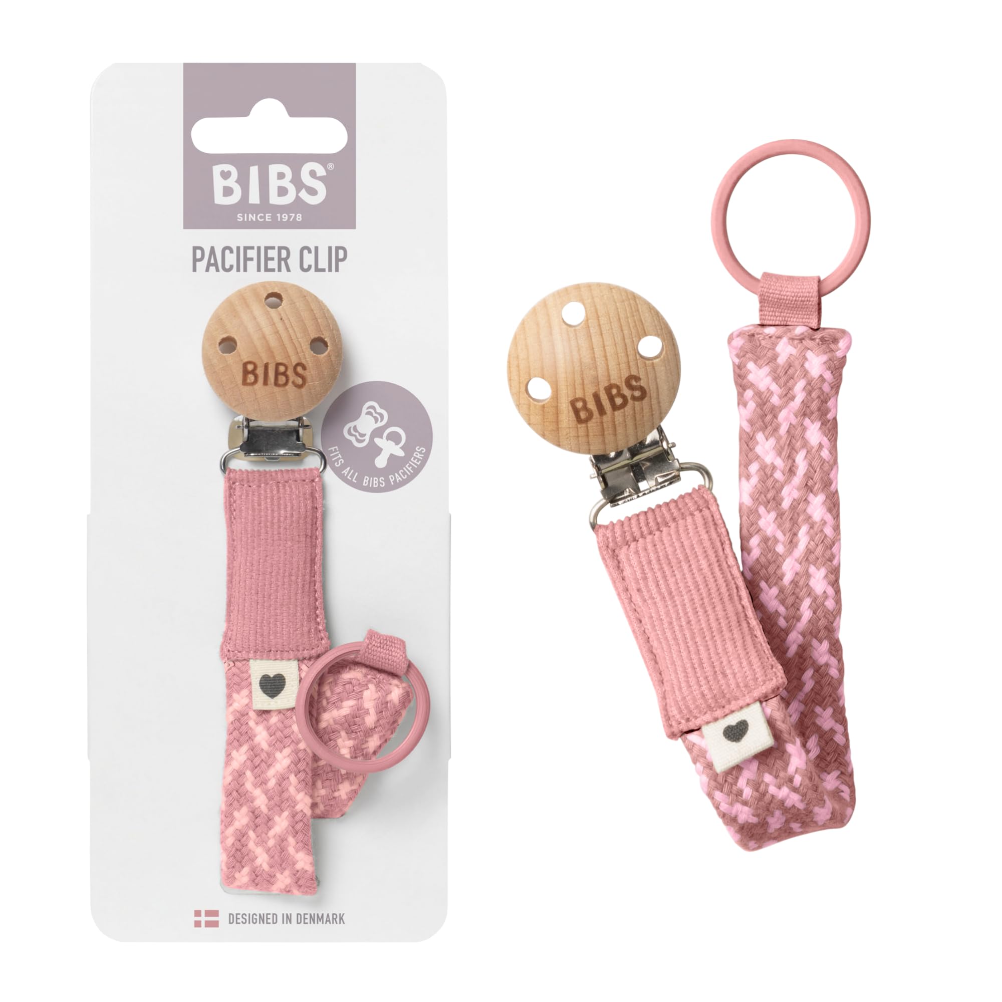 BIBS Paci Braid Dummy Chain in dusty pink keeps pacifiers handy during outings.