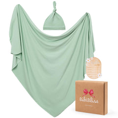 Bibiblissbaby stretchy swaddle blanket sage fabric closeup highlighting soft stretch for newborn comfort