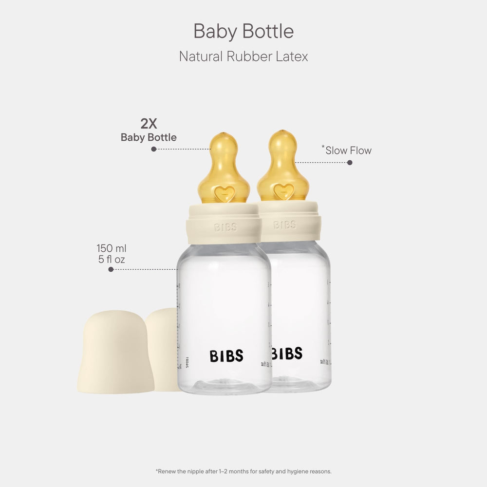 BIBS baby bottle 5oz ivory nipple closeup highlights natural latex nipple softness for gentle feeds.