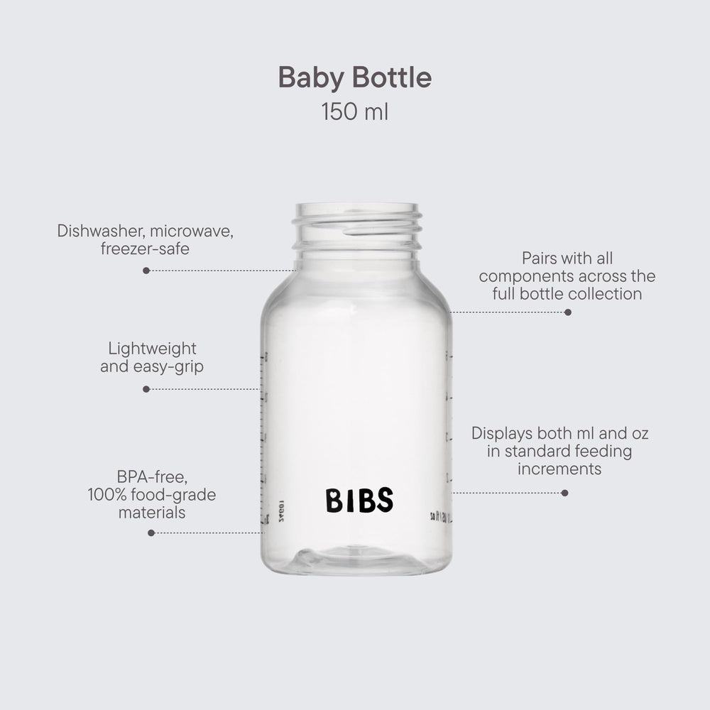 BIBS baby bottle 5oz narrow neck close-up highlights ergonomic grip for comfortable feeding.