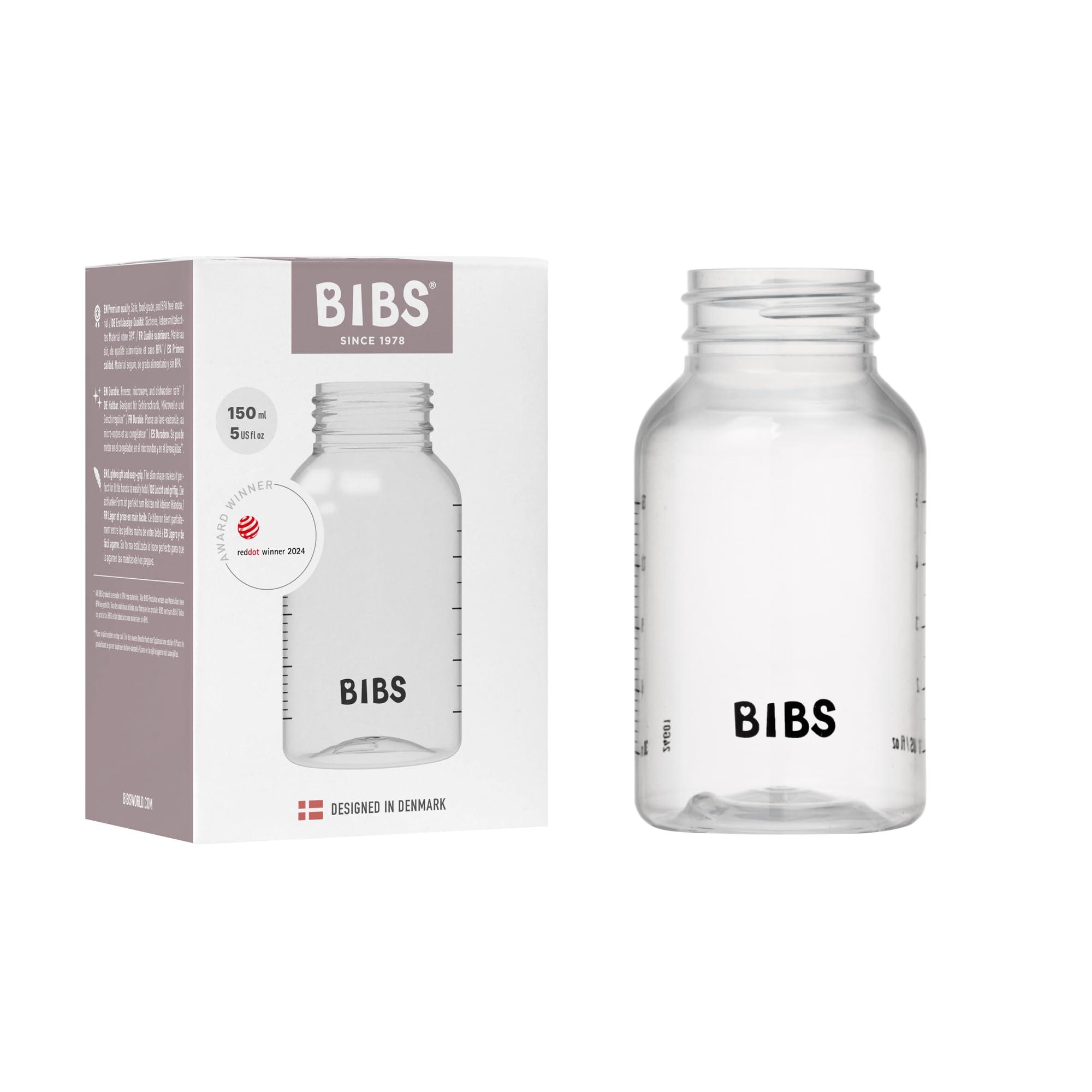 BIBS baby bottle 5oz silhouette shows slim, easy-to-hold design for tiny hands.