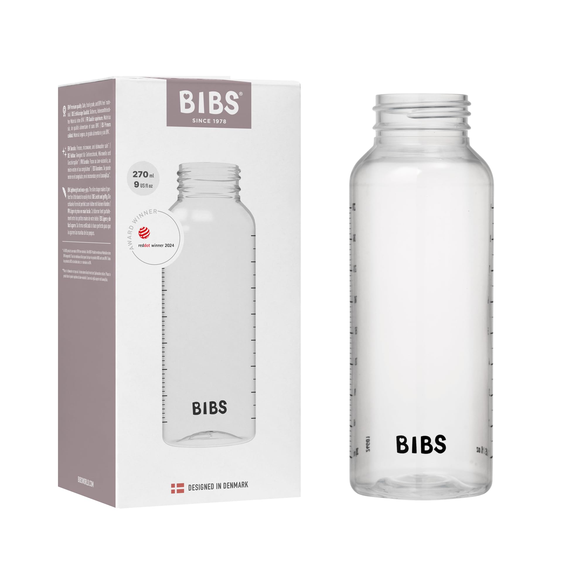 Bibs baby bottle 9oz slim-profile view highlights easy-grip design.