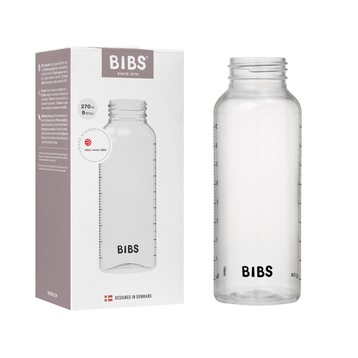 Bibs baby bottle 9oz slim-profile view highlights easy-grip design.