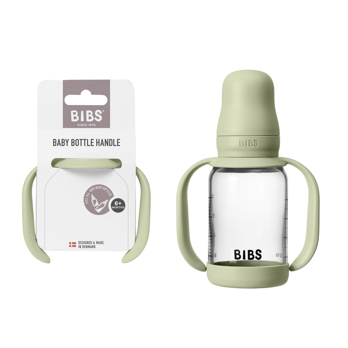 BIBS baby bottle handle with ergonomic grip in Sage for easy self-feeding.