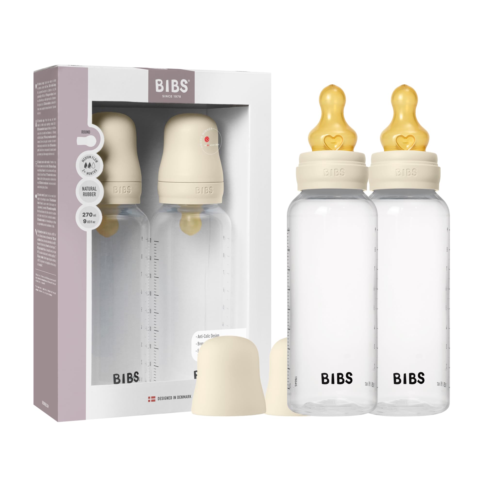 BIBS baby bottle ivory round nipple pack promotes natural latch and easy grip for comfortable feeds.