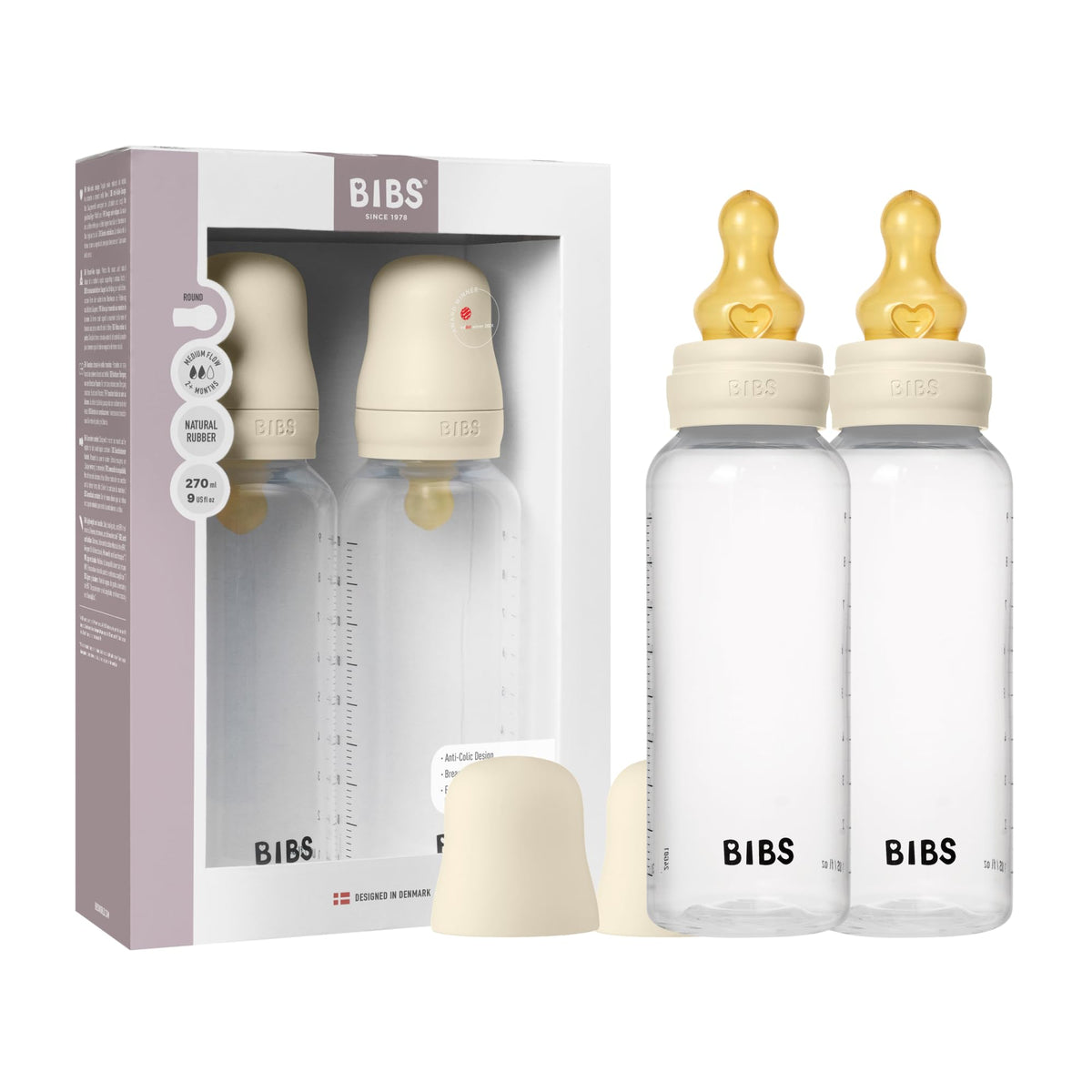 BIBS baby bottle ivory round nipple pack promotes natural latch and easy grip for comfortable feeds.