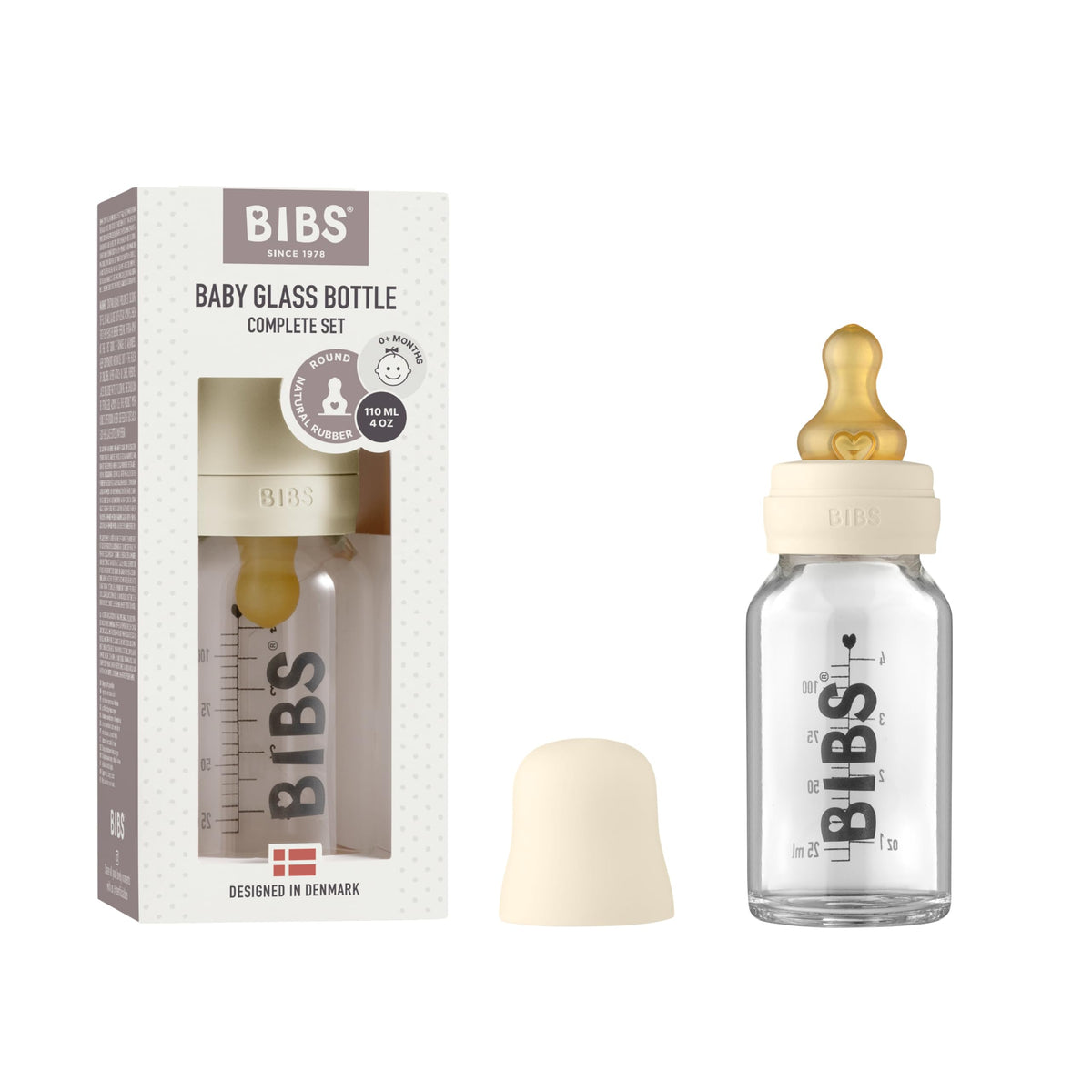 BIBS baby glass bottle 110ml ivory body with measurement marks for precise prep
