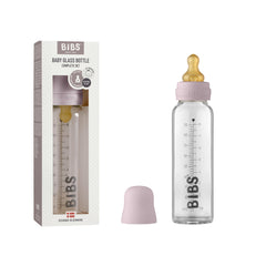 BIBS baby glass bottle anti-colic design in dusky lilac for calmer, comfortable feeds.