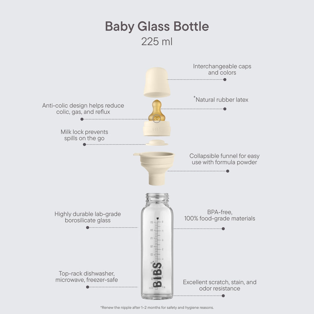 BIBS baby glass bottle ivory cap closeup shows secure closure for spill-free feeds