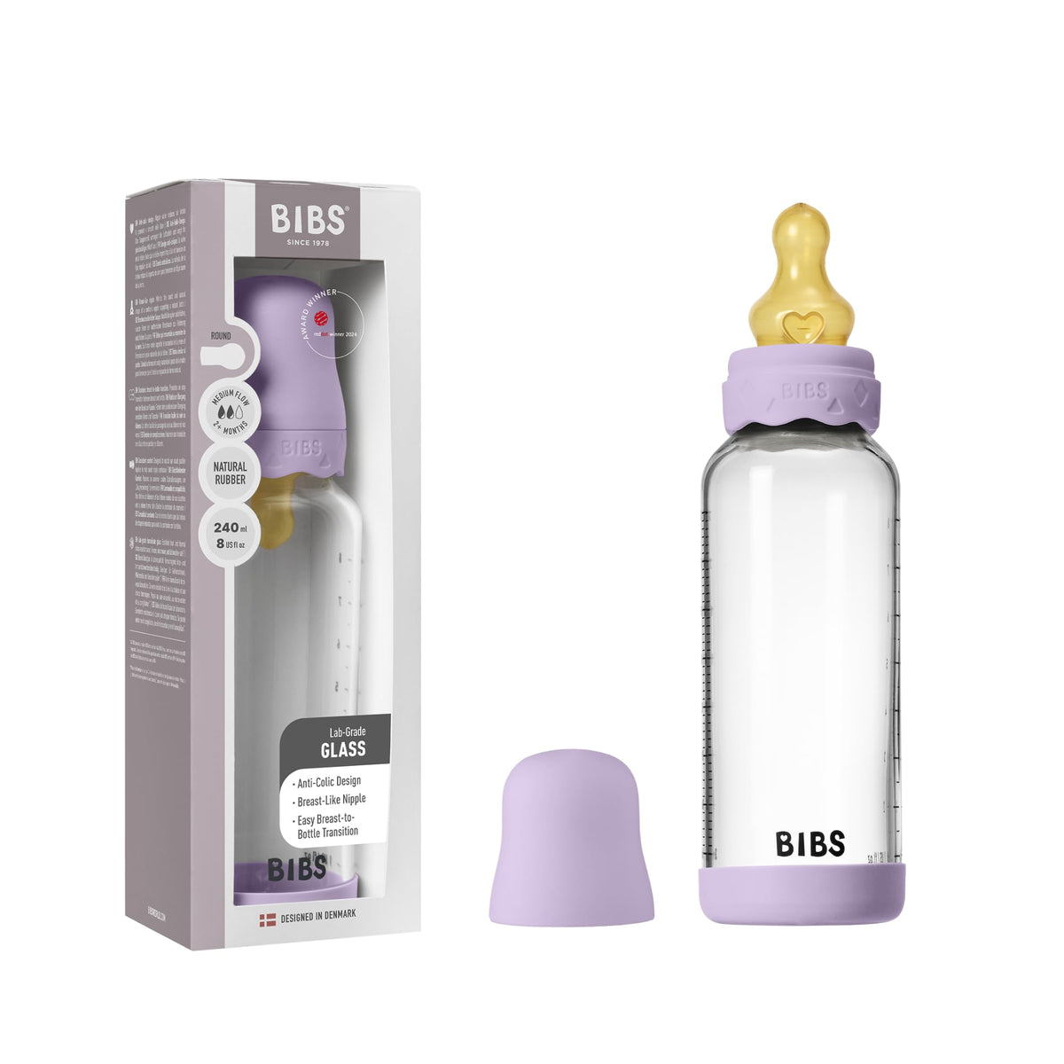 BIBS Boheme glass bottle 8oz for easy feeding and milk level visibility.
