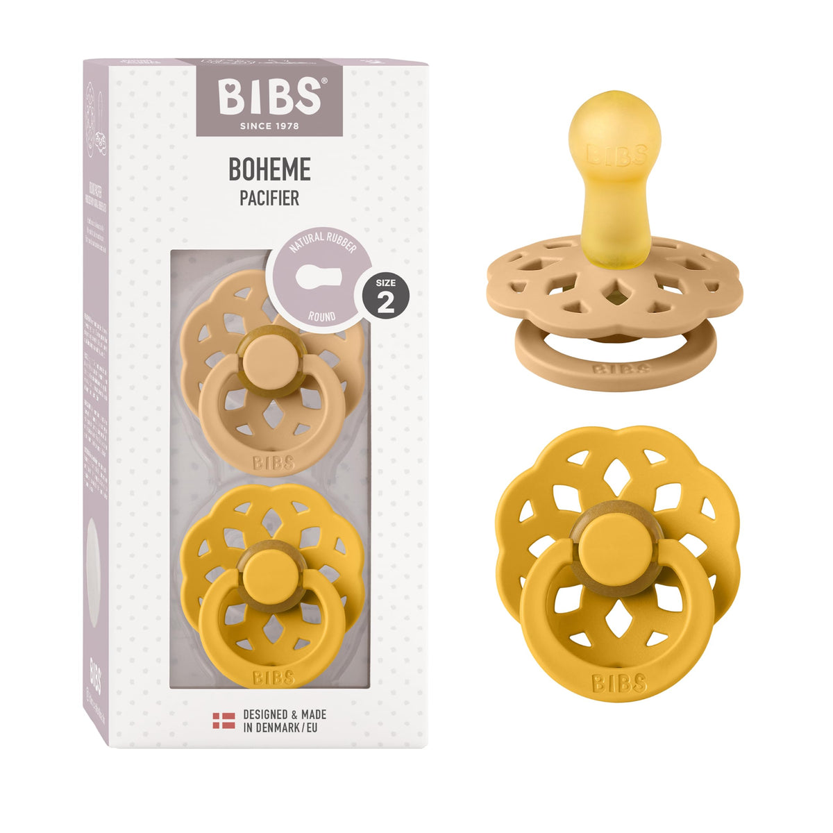 BIBS Boheme Desert Sand/Honey Bee 2-pack for gentle soothing.