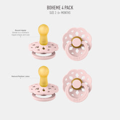 BIBS Boheme pacifier uses natural rubber latex for comfortable, safe soothing.
