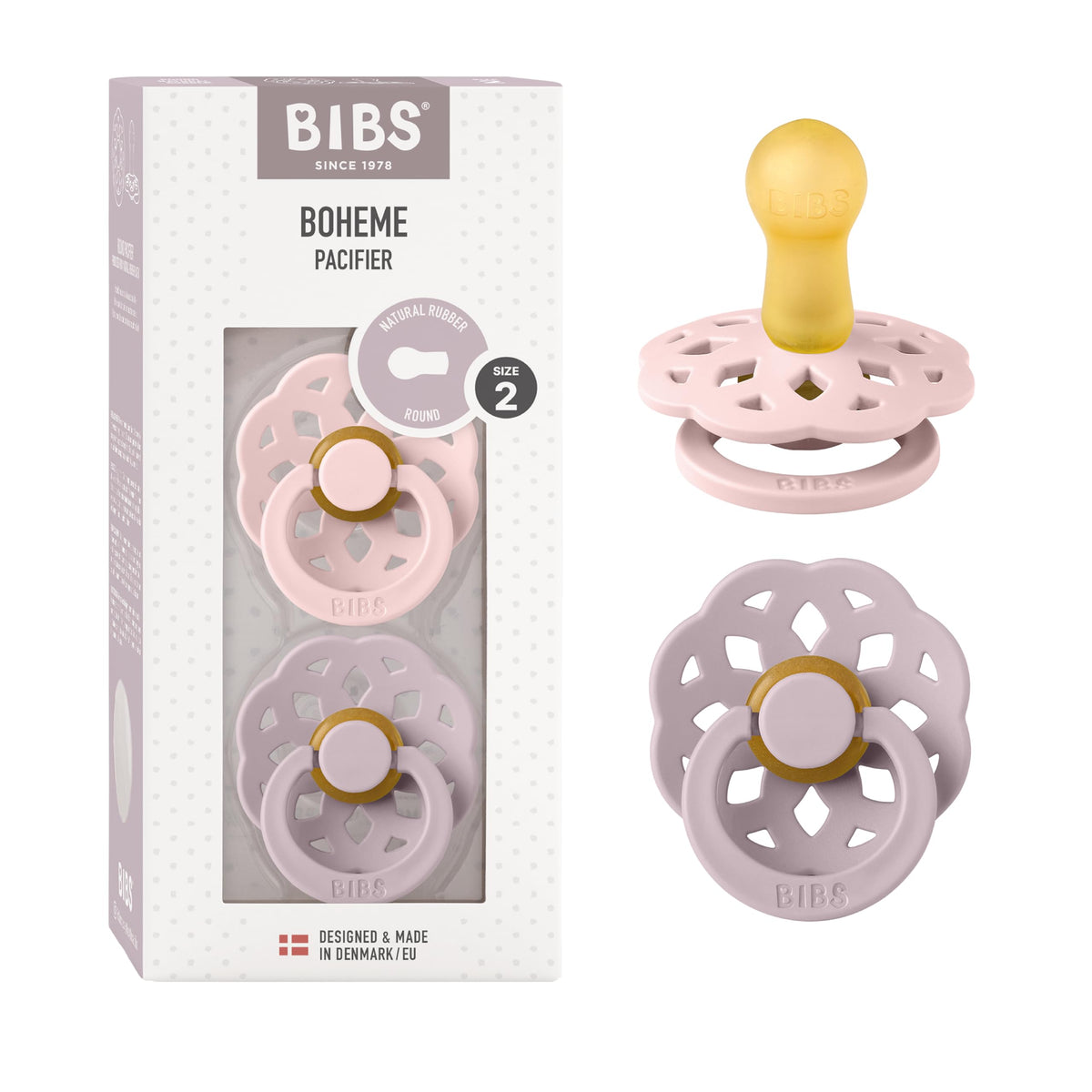 BIBS Boheme pacifiers set 2 in Blossom and Dusky Lilac aid soothing bedtime rituals