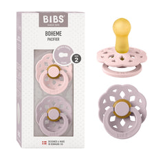 BIBS Boheme pacifiers set 2 in Blossom and Dusky Lilac aid soothing bedtime rituals