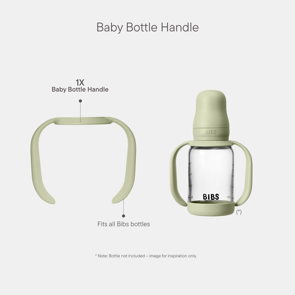 BIBS bottle handle with non-slip surface enhances grip during feeding.