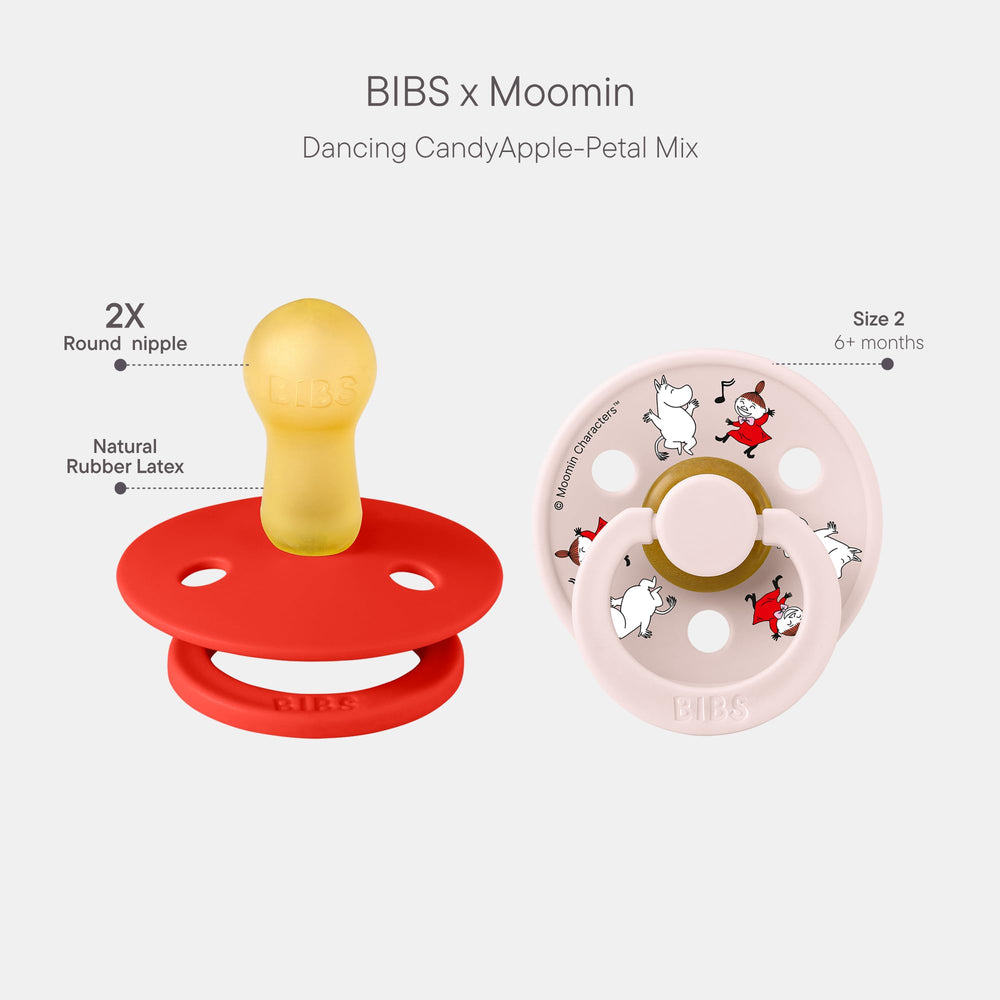 BIBS Colour Moomins pacifier closeup highlights round nipple and smooth finish.