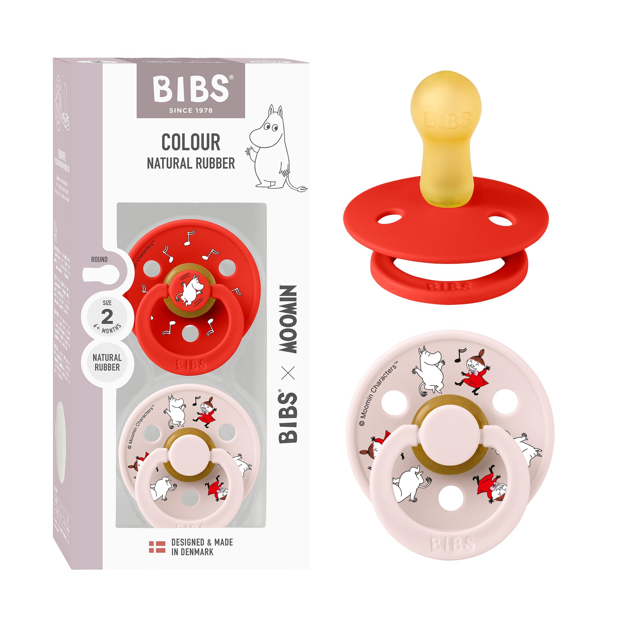 BIBS Colour Moomins pacifier pack shows two-pack convenience and timeless design.