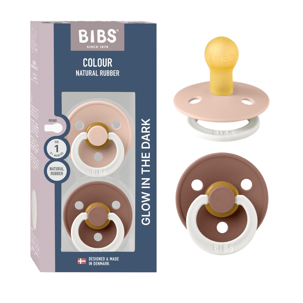 BIBS Colour Night Glow 2-Pack packaging highlights Danish craftsmanship.