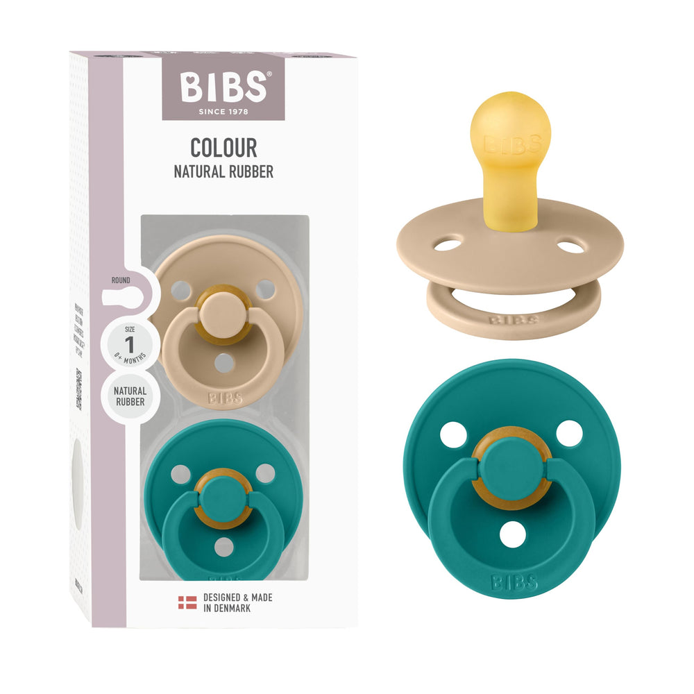 BIBS Colour Pacifier two-pack Taupe and Scuba offers natural soothing for newborns.