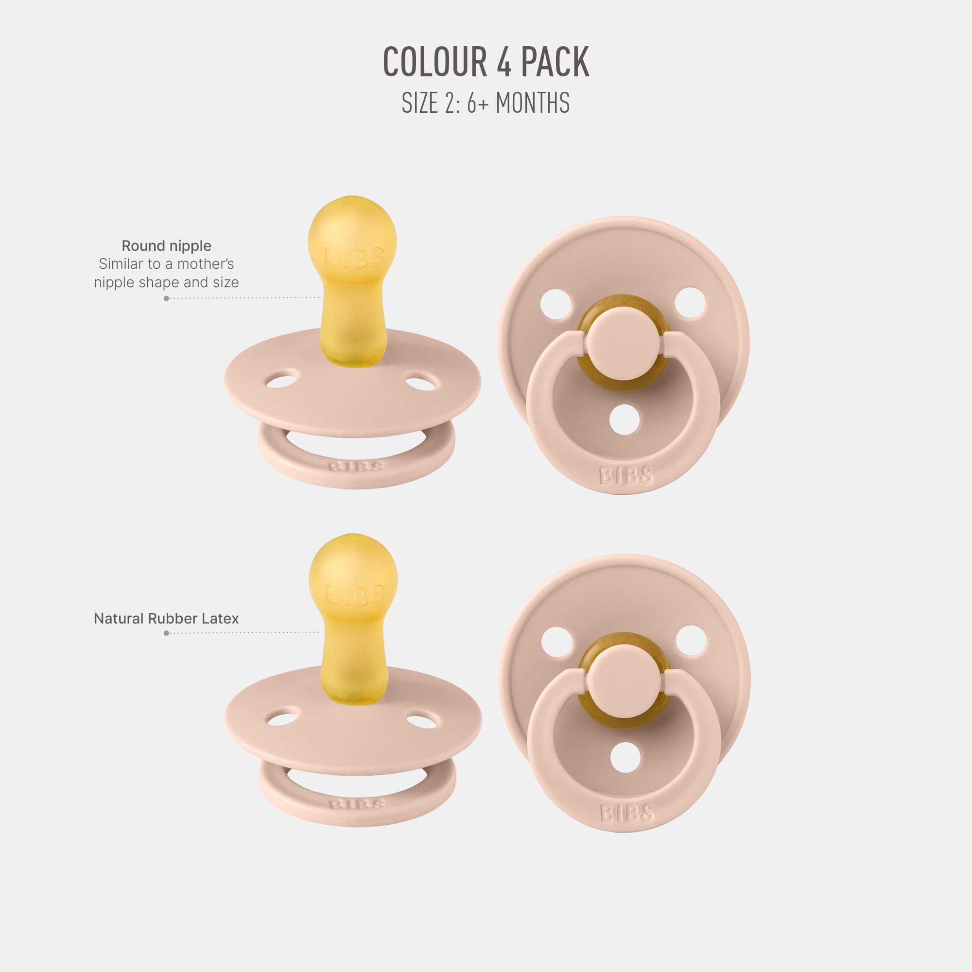 BIBS Colour pacifiers blush round shield close-up for natural soothing.